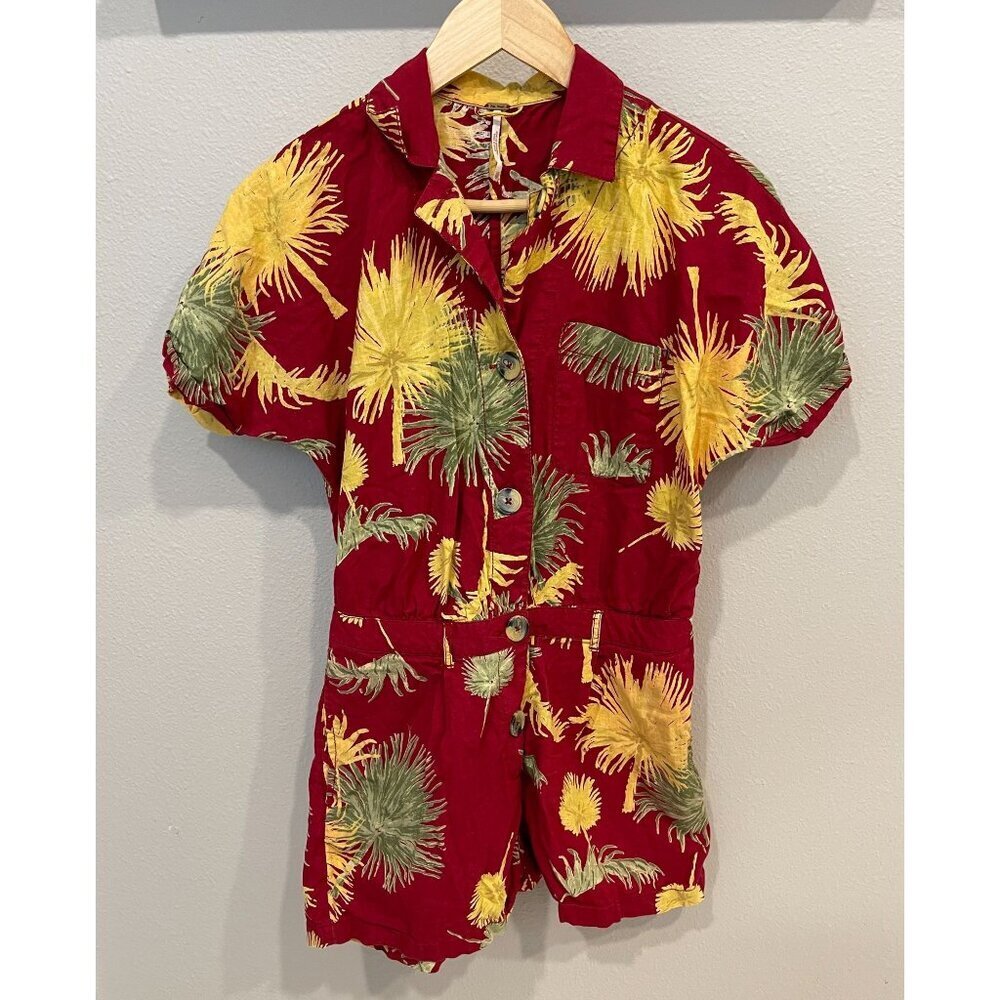 Free People Button Up Collared Colorful Floral Romper XS Short Sleeves Boho